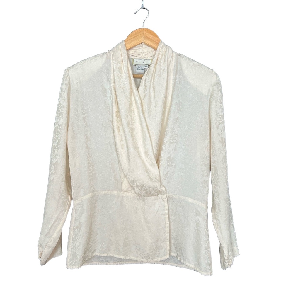 Spencer Jeremy Blouse Womens Size 10 Cream Vintage Damask Shoulder Pads 80s Chic